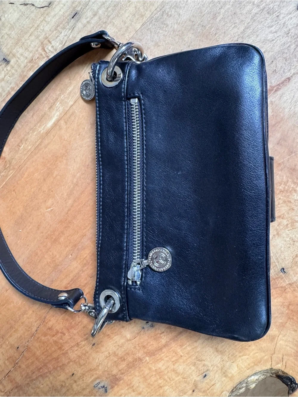 Donald J. Pliner Black Leather Shoulder Bag Clutch Wristlet Silver Hardware